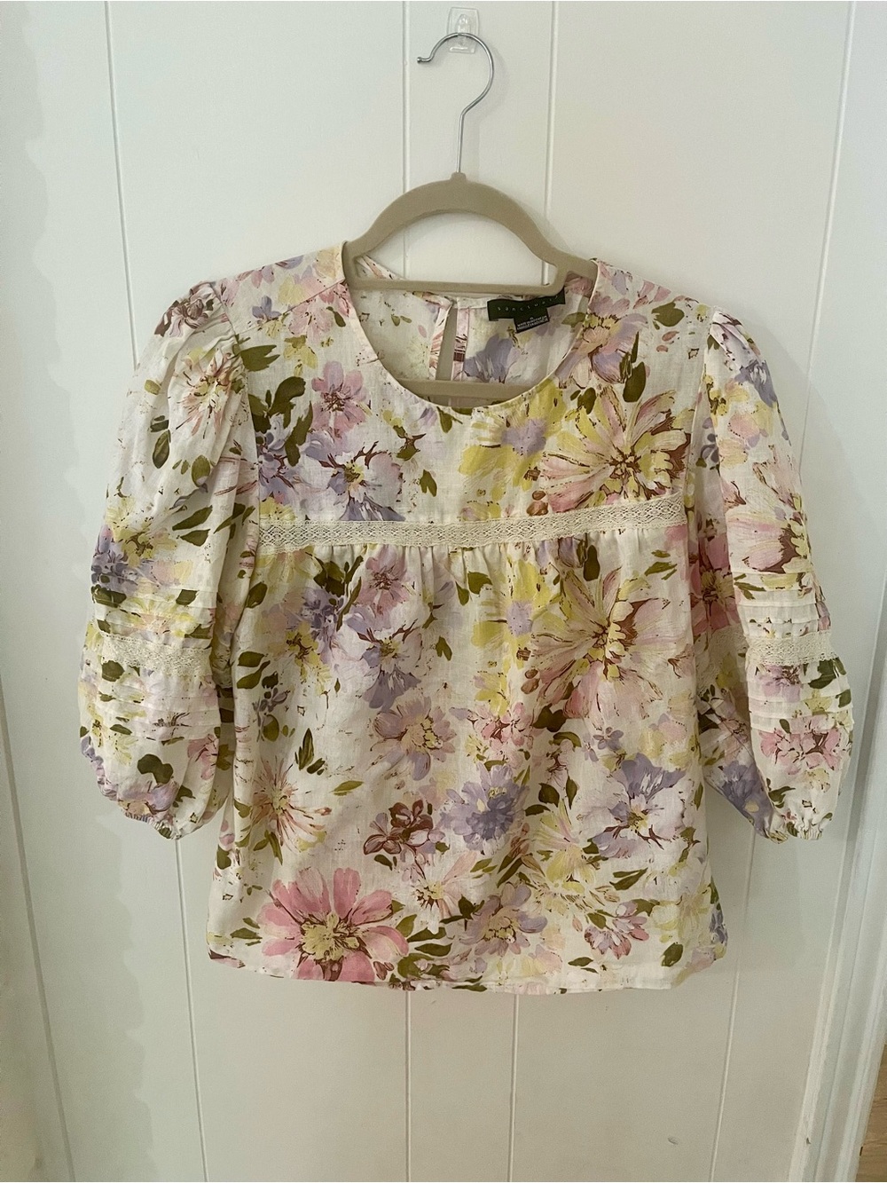 Sanctuary Floral Puff-Sleeve Blouse — Pink, Lavender, Green, Cream